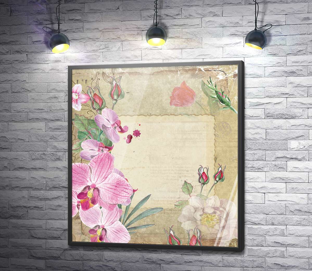 постер Винтажная рамка с цветами роз и орхидей