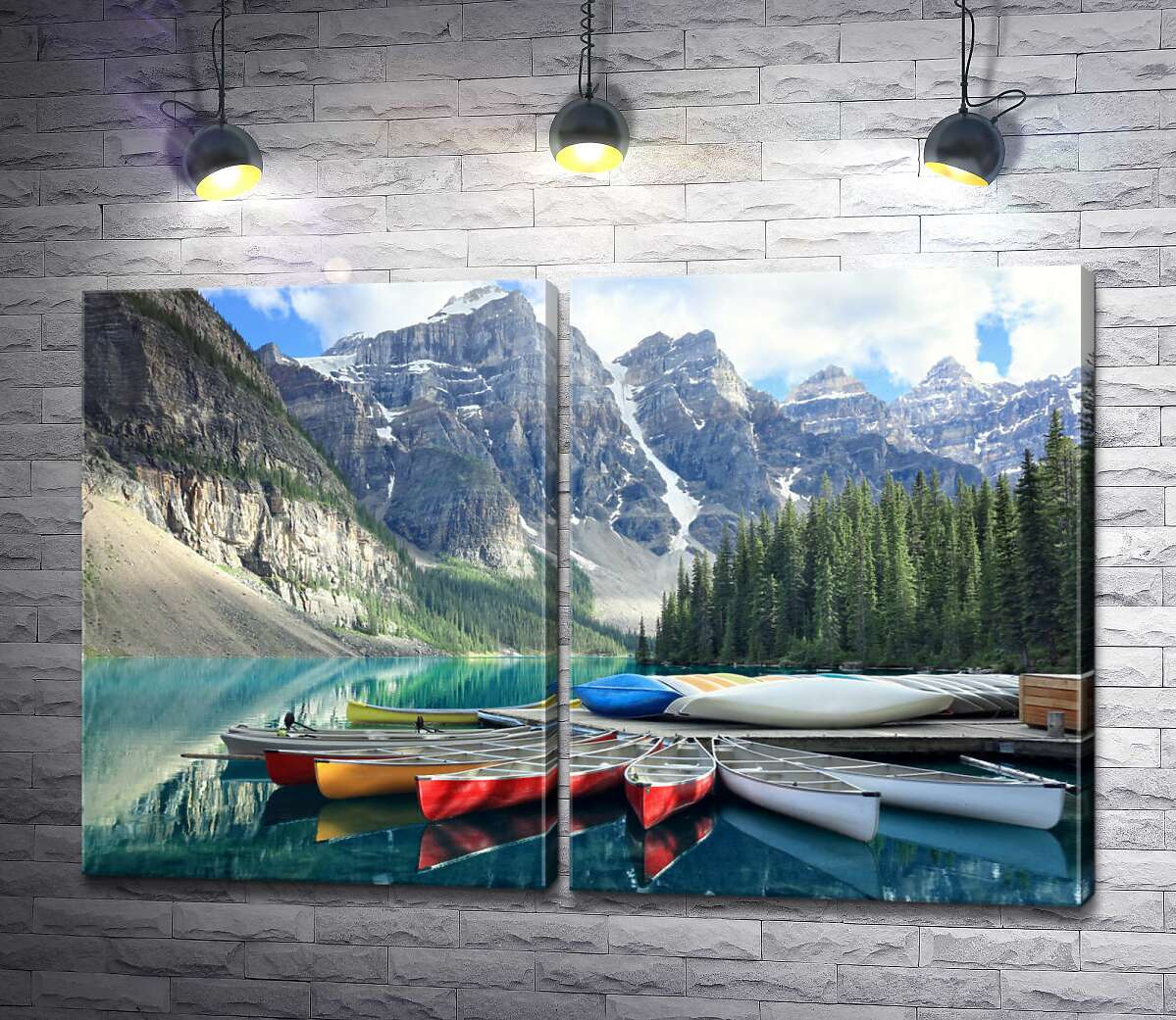 модульная картина Байдарки на озере Морейн у подножия гор
