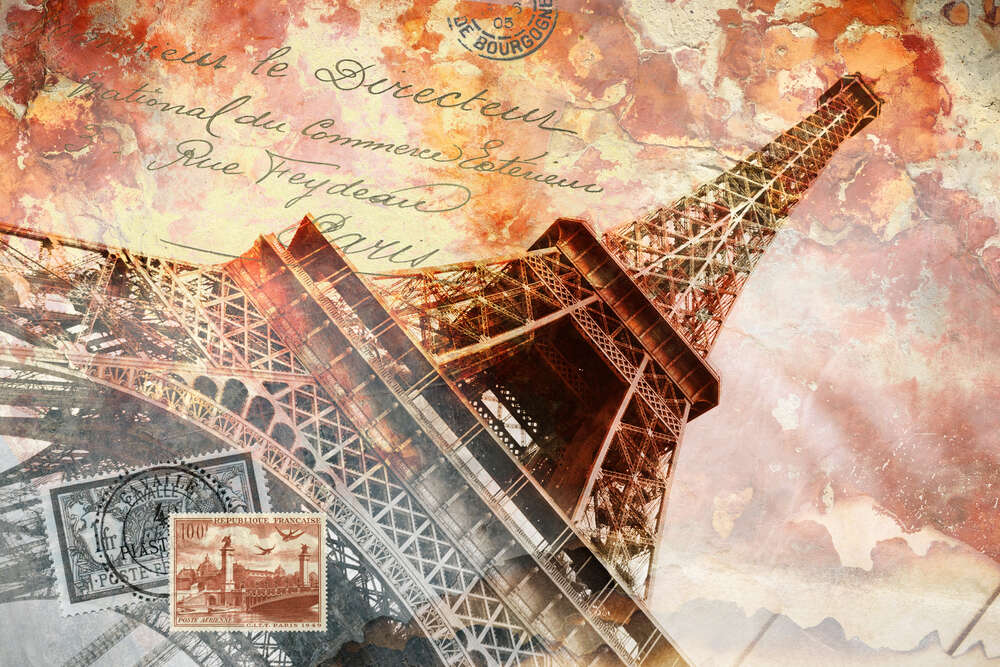 картина-постер Эйфелева башня на почтовой открытке