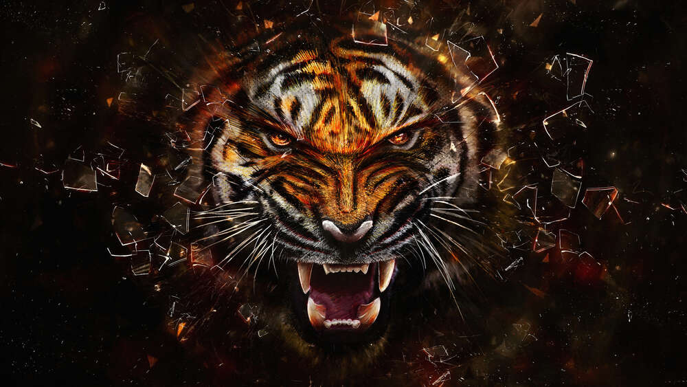 картина-постер Разъяренная морда тигра и осколки стекла