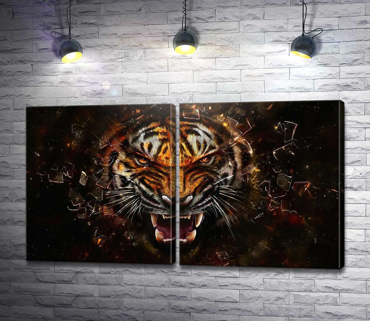 модульна картина Розлючена морда тигра та уламки скла