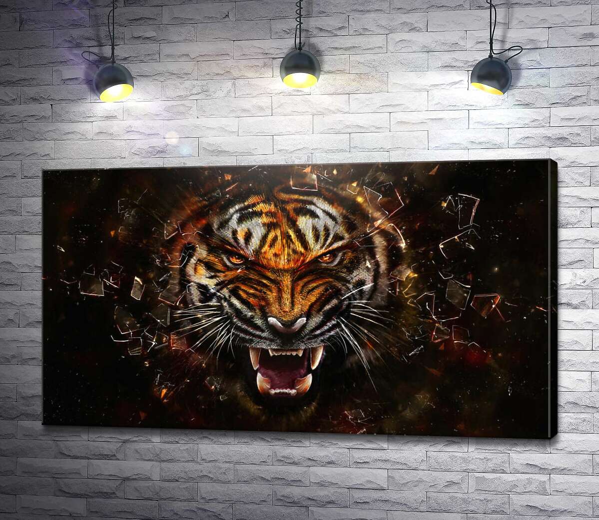 картина Разъяренная морда тигра и осколки стекла
