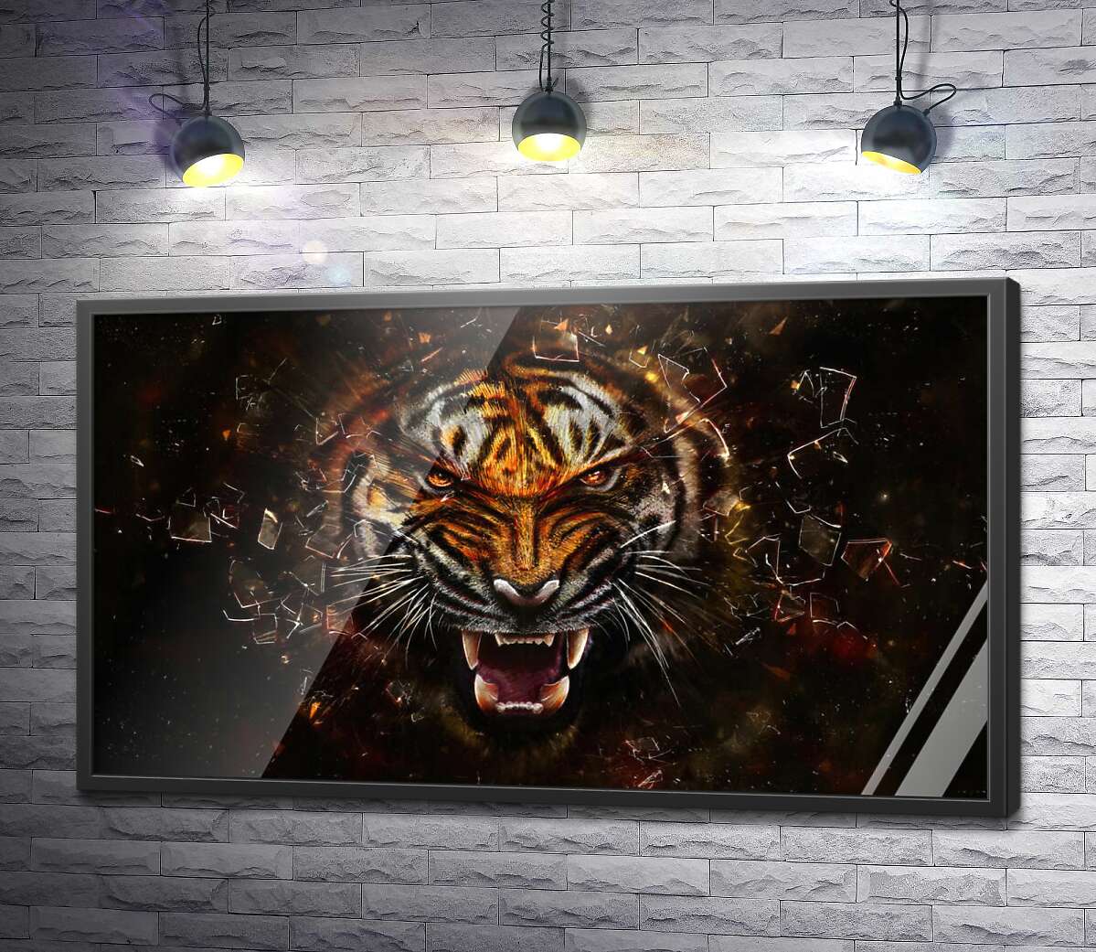 постер Разъяренная морда тигра и осколки стекла