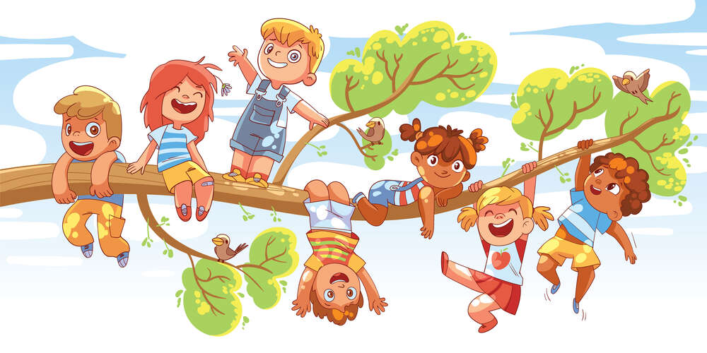 картина-постер Мальчишки и девчонки веселятся на ветке