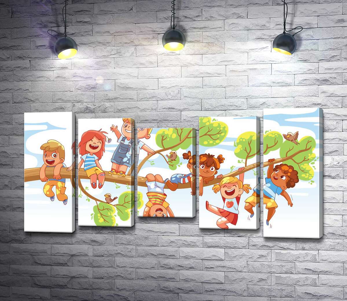 модульная картина Мальчишки и девчонки веселятся на ветке (Модуль №27)