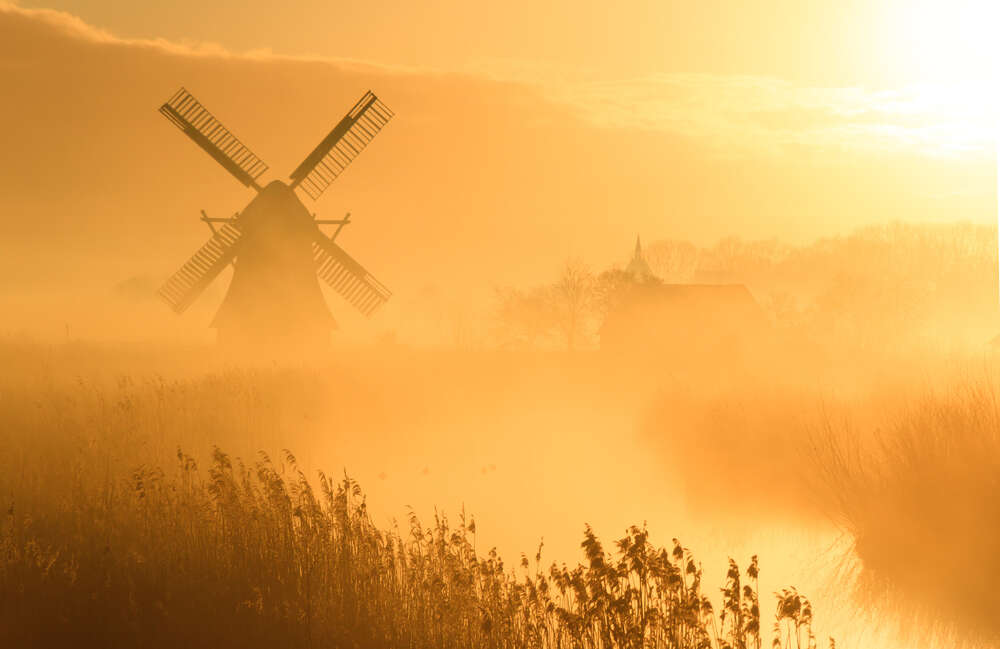 картина-постер Ветряная мельница в утренней дымке тумана