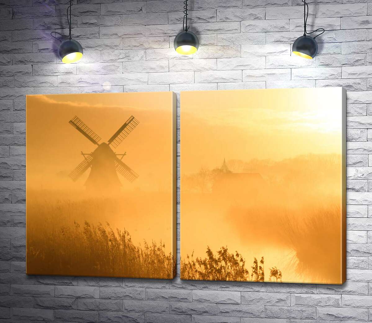 модульная картина Ветряная мельница в утренней дымке тумана