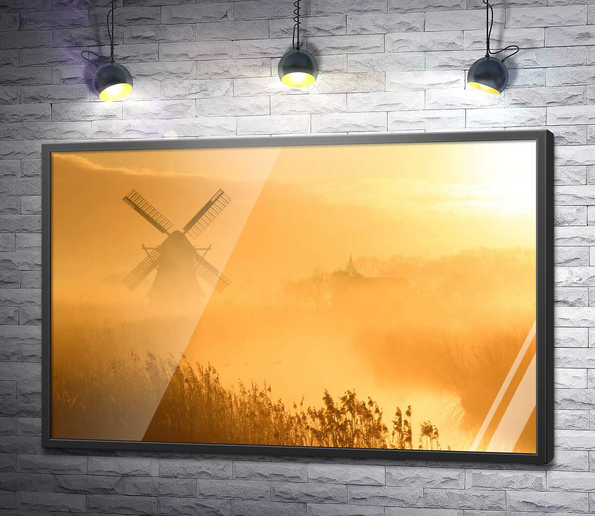 постер Вітряк у ранковому серпанку туману