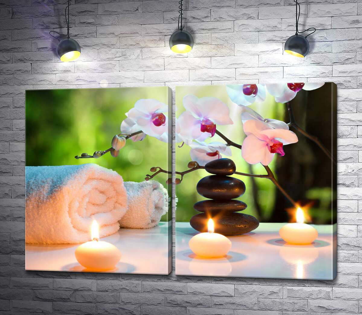модульна картина Ніжні квіти орхідей та свічки у спа