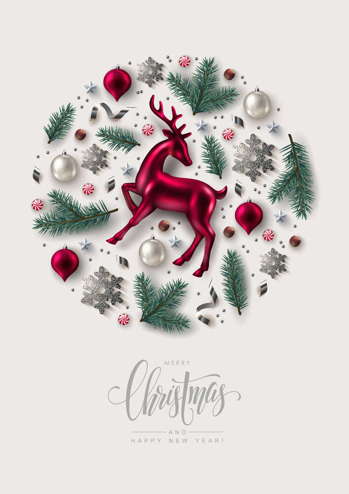 картина-постер Різдвяна листівка з ялинковими іграшками