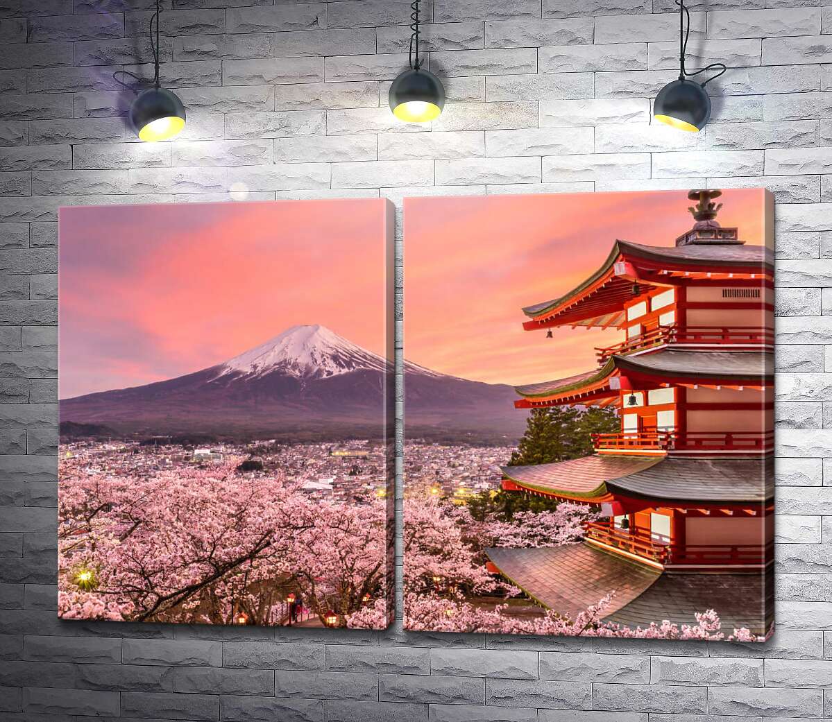 модульна картина Гора Фудзі та пагода потопають у квітах сакури