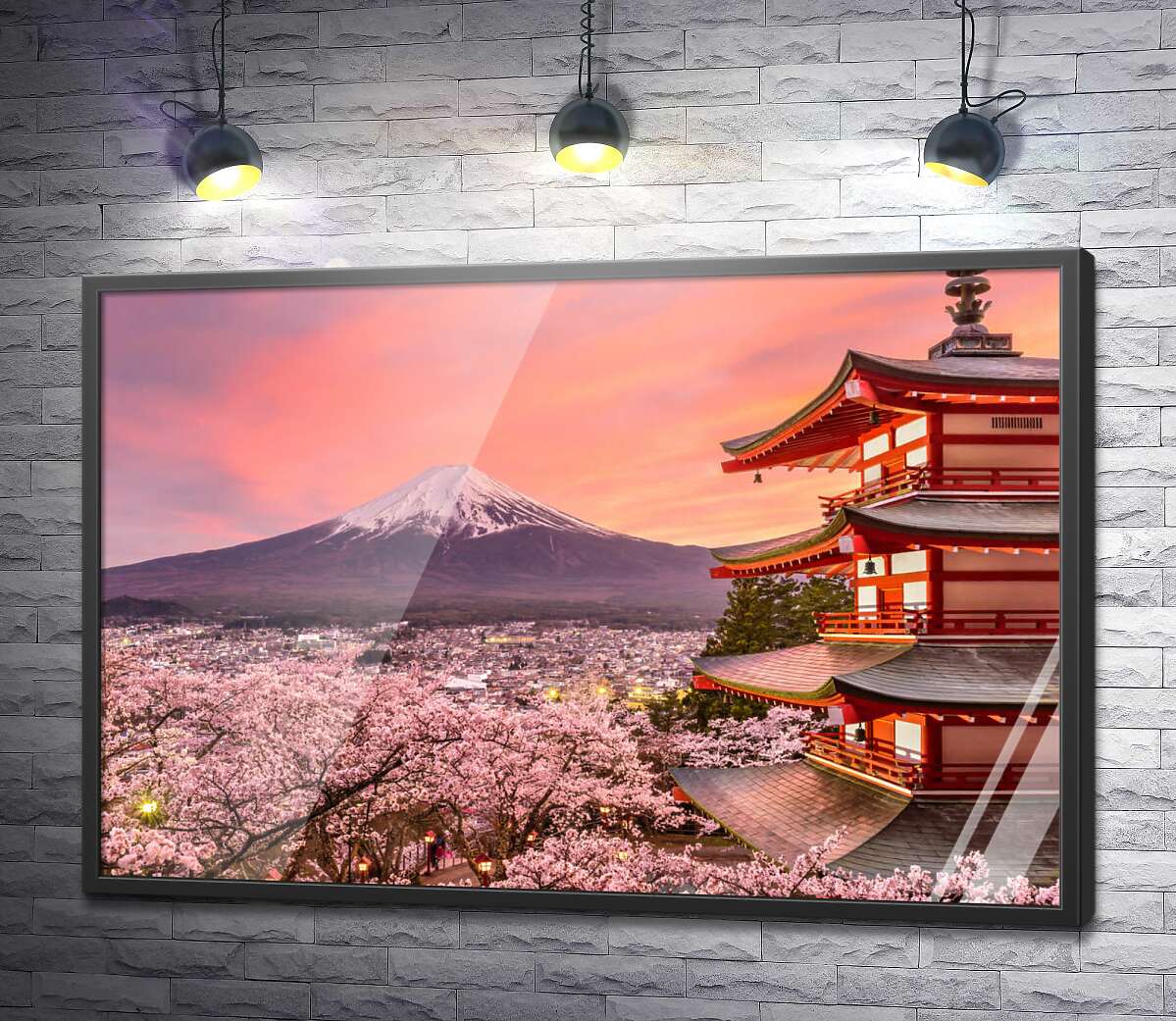 постер Гора Фудзи и пагода утопают в цветах сакуры
