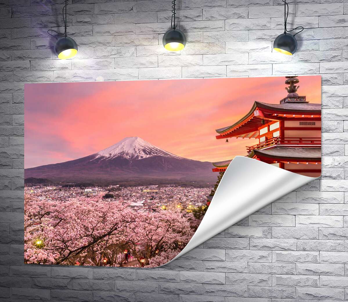 печать Гора Фудзи и пагода утопают в цветах сакуры
