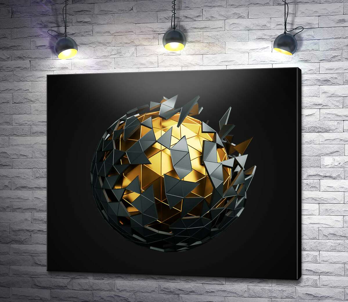 картина Геометрический черно-золотой полигональный 3Д шар