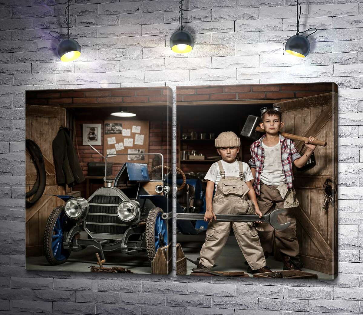 модульна картина Хлопчаки в ролі автомайстрів у гаражі