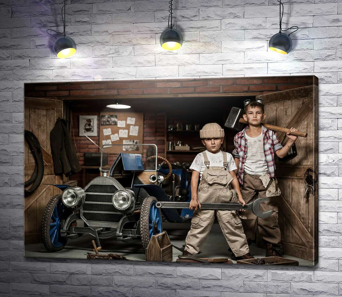 картина Хлопчаки в ролі автомайстрів у гаражі