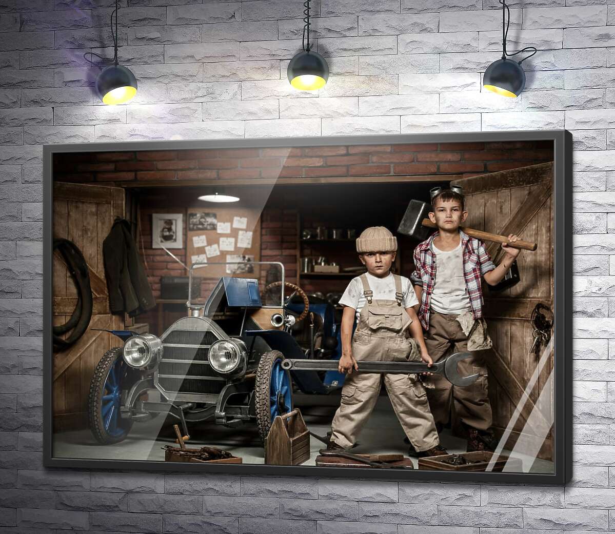 постер Мальчишки в роли автомастеров в гараже