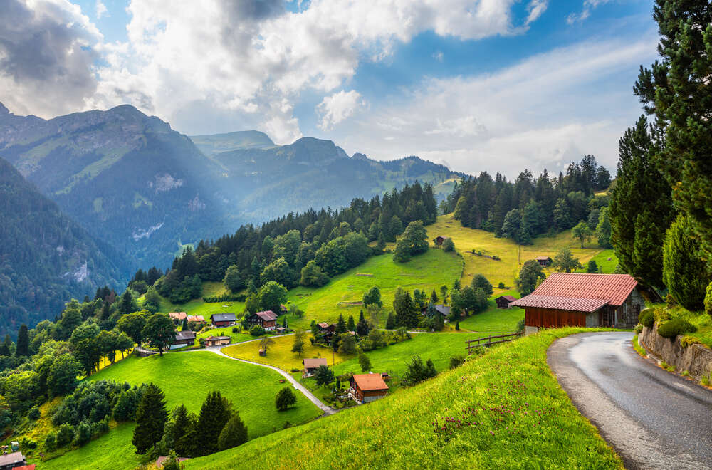 картина-постер Вид на швейцарські альпи, вкриті зеленню
