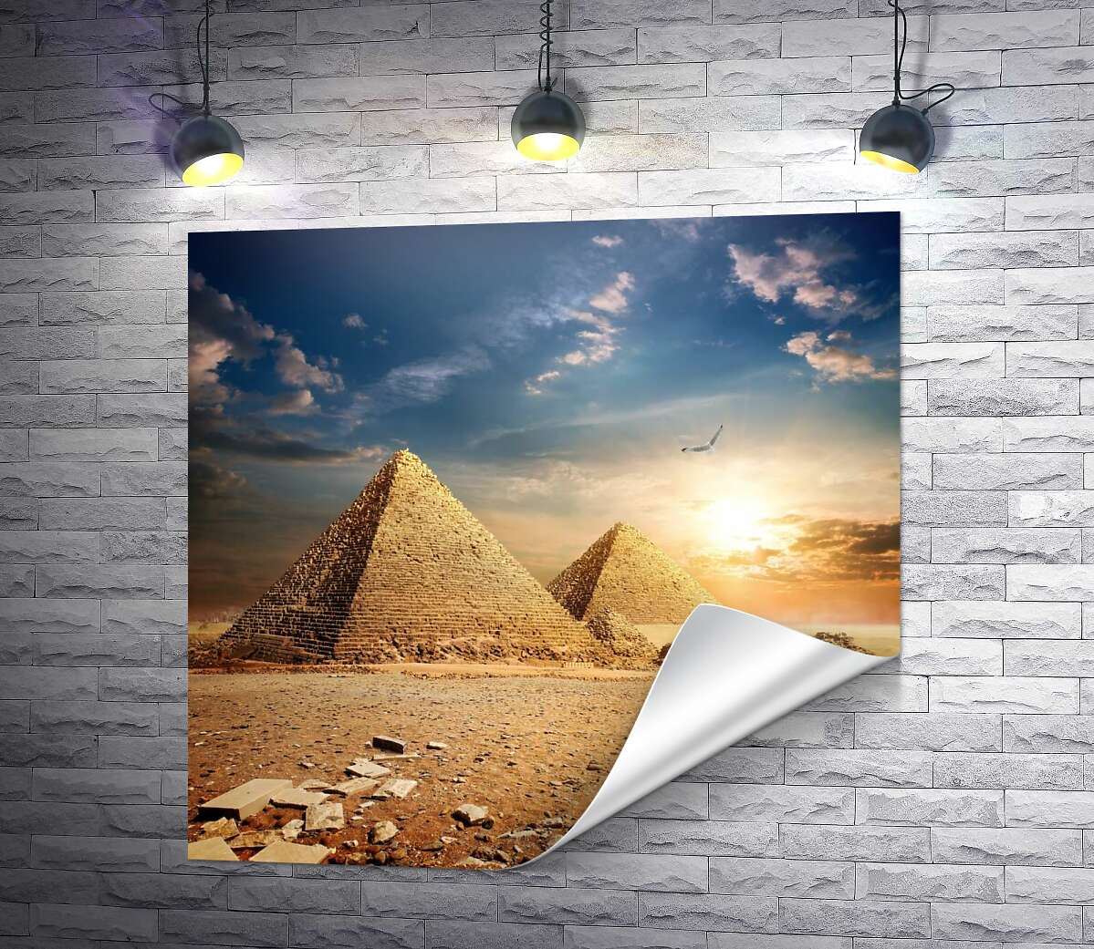 друк Самотні єгипетські піраміди на заході сонця