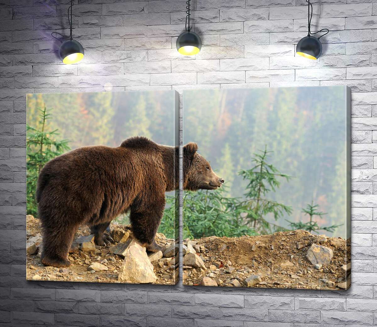 модульная картина Бурый медведь задумчиво глядит со склона горы