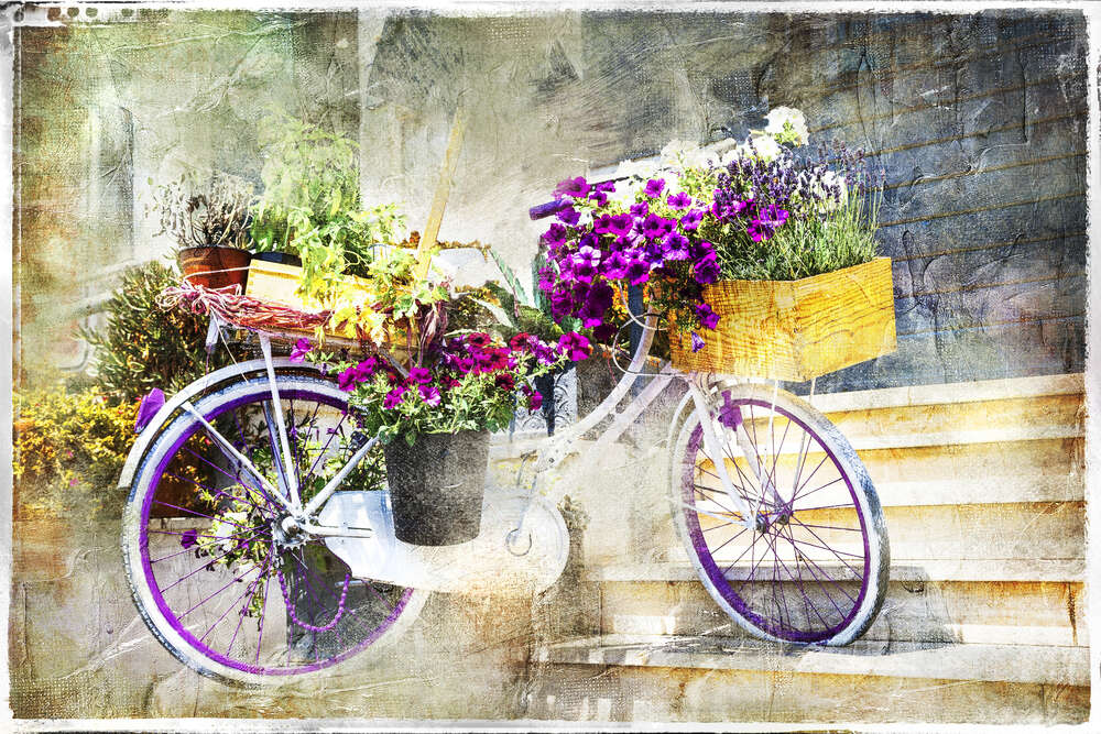 картина-постер Велосипед с сиреневыми цветами в лукошке