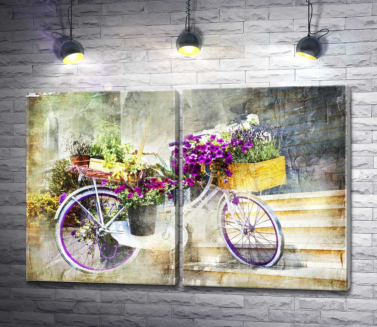 модульная картина Велосипед с сиреневыми цветами в лукошке