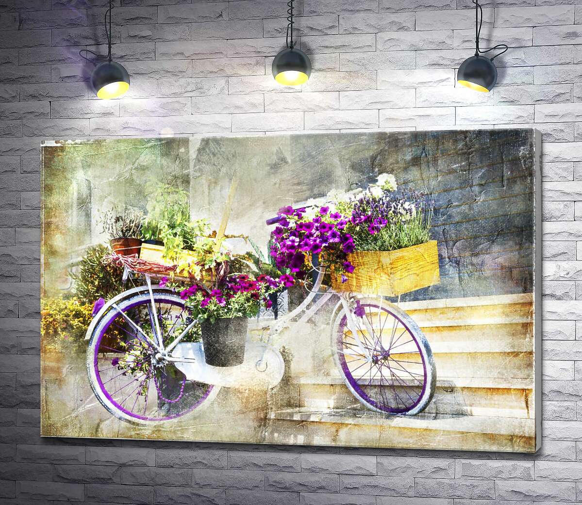 картина Велосипед с сиреневыми цветами в лукошке