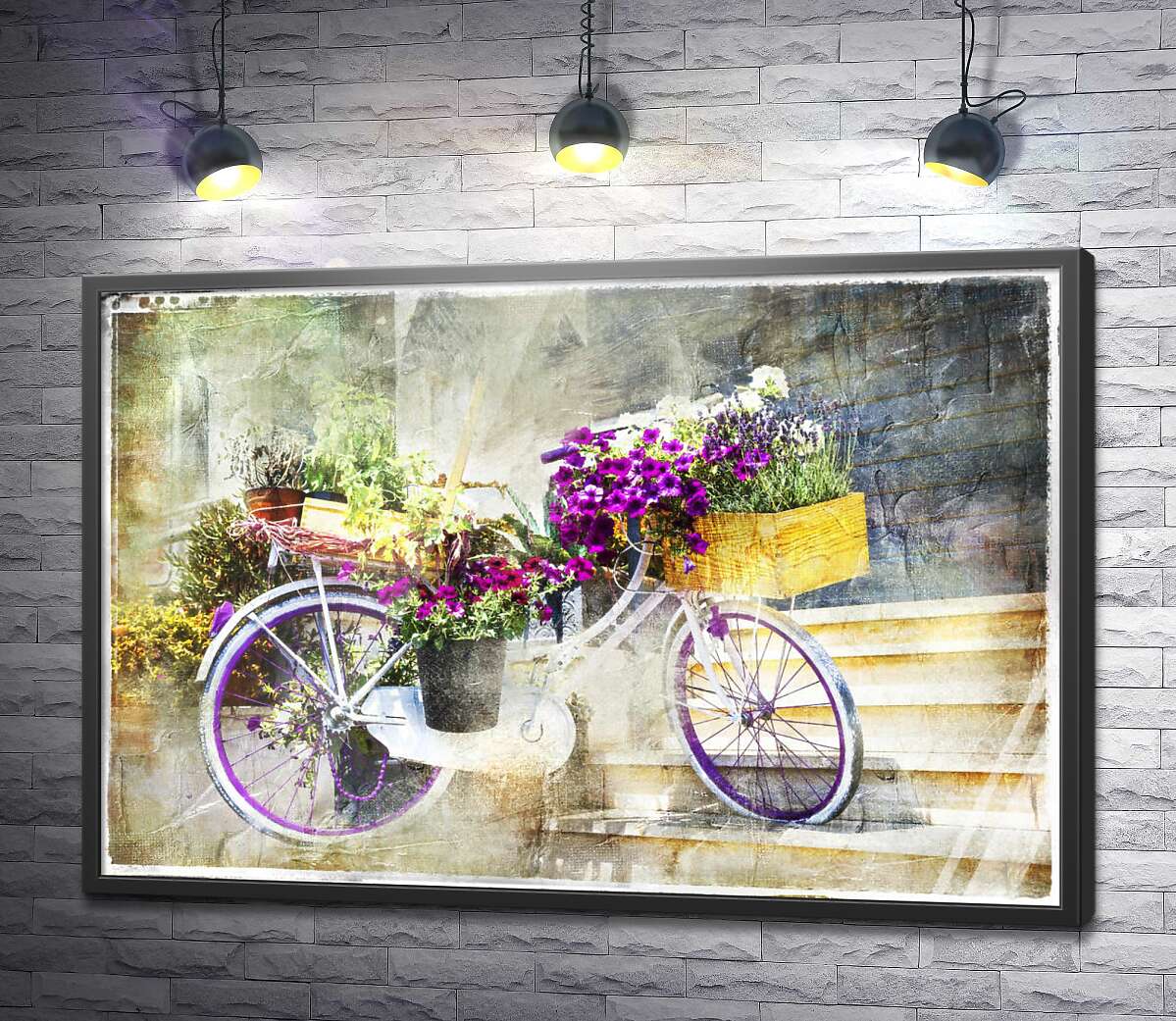 постер Велосипед с сиреневыми цветами в лукошке