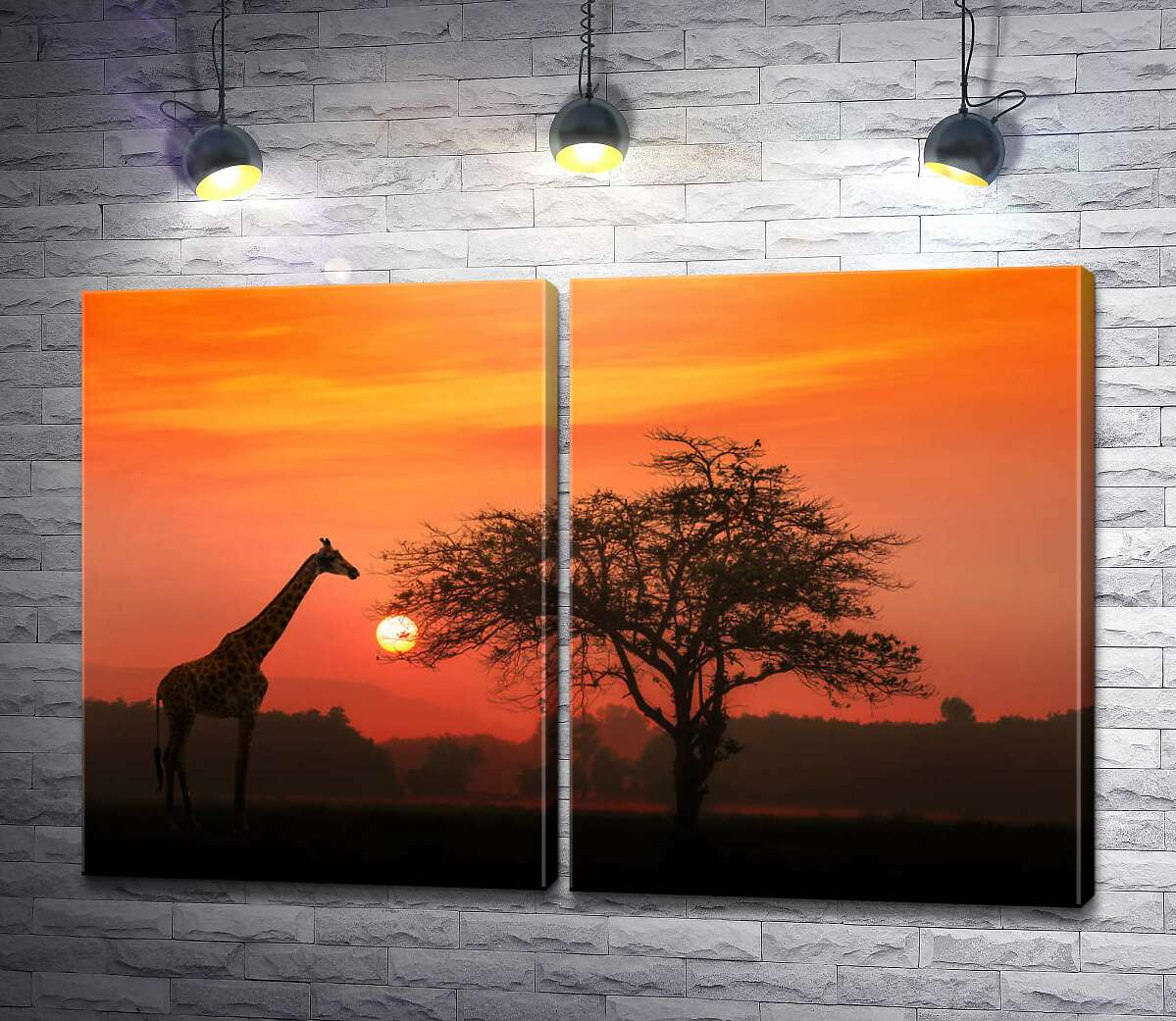 модульна картина Жираф біля дерева в савані на заході сонця