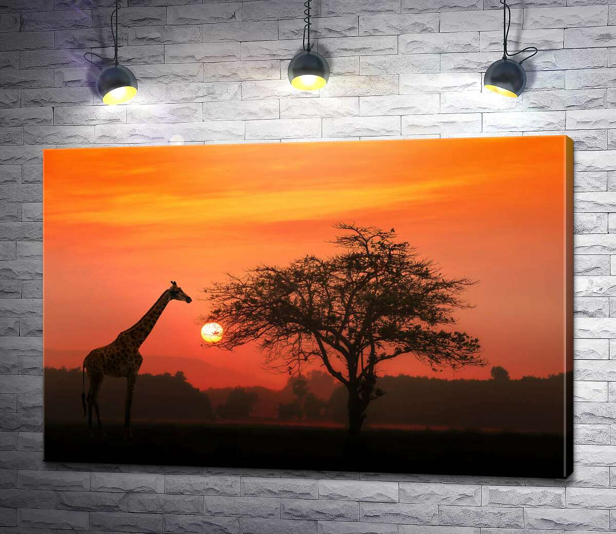 картина Жираф біля дерева в савані на заході сонця