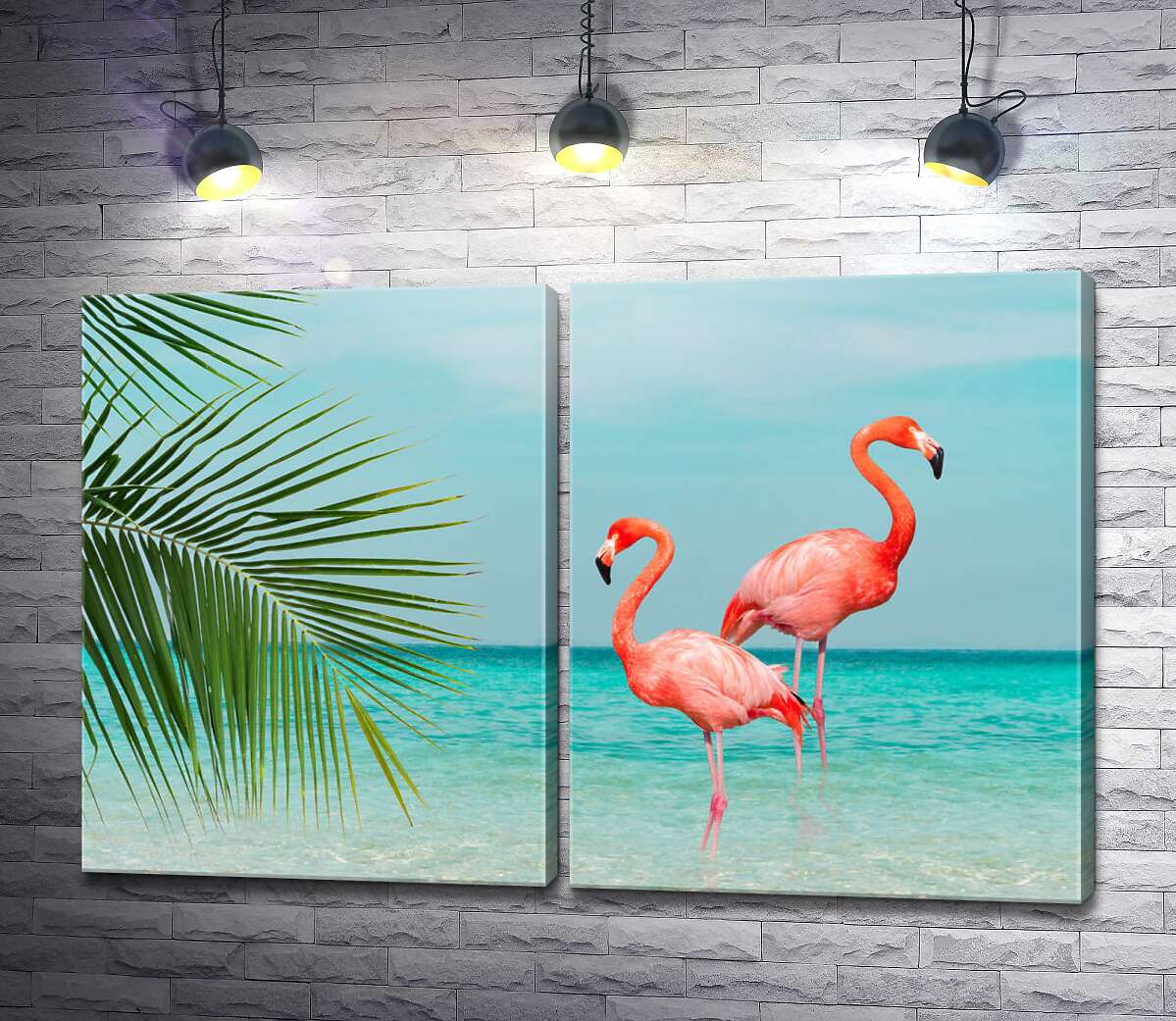 модульная картина Два розовых фламинго на берегу океана