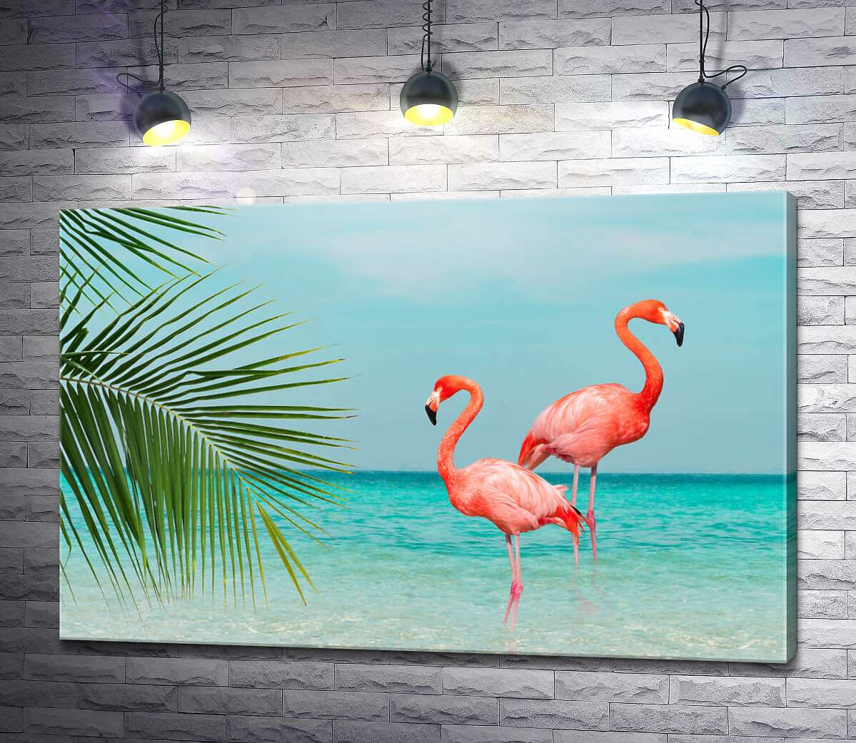 картина Два розовых фламинго на берегу океана