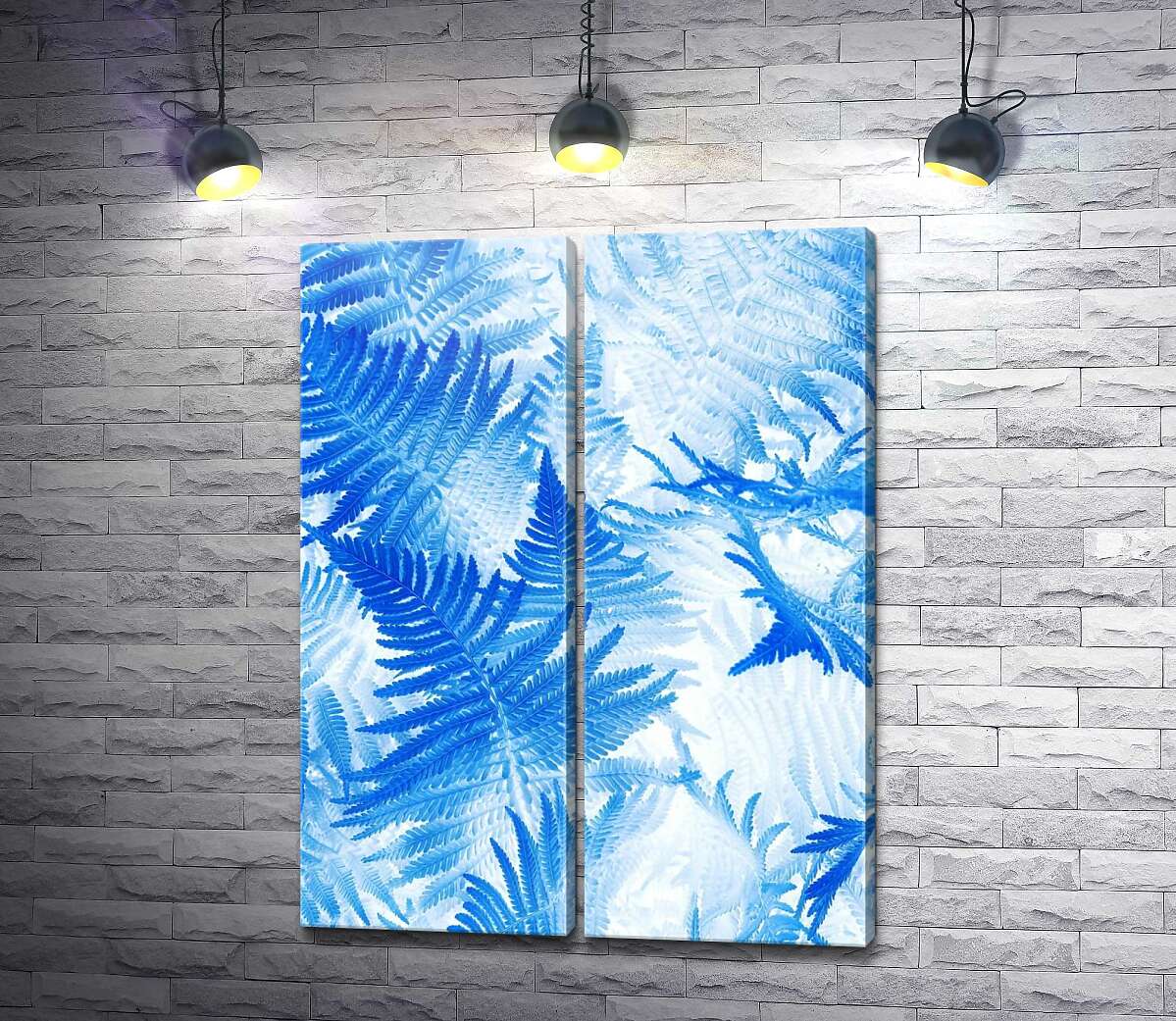 модульная картина Листья папоротника в сине-белом градиенте