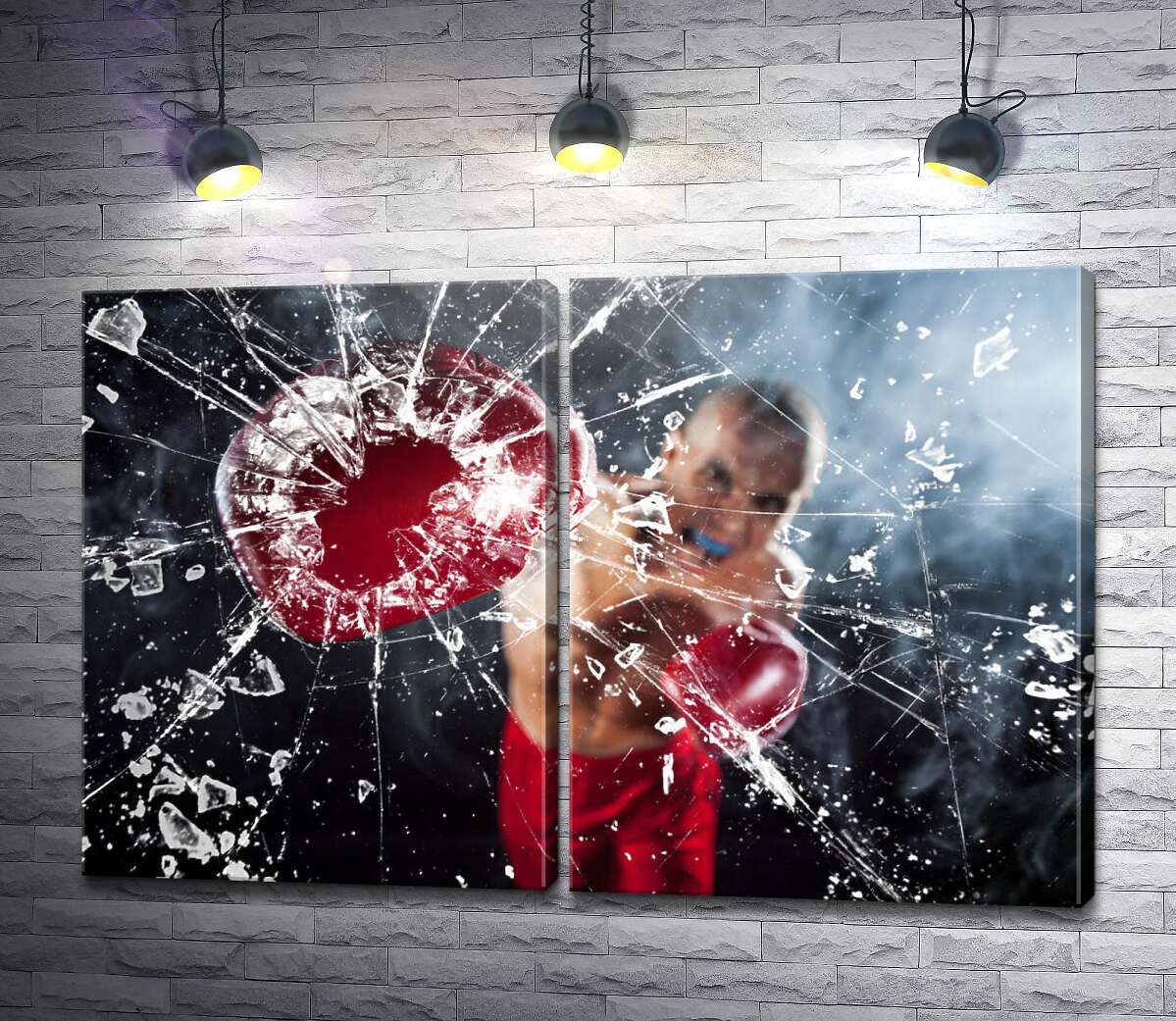 модульная картина Панч от боксера и осколки стекла