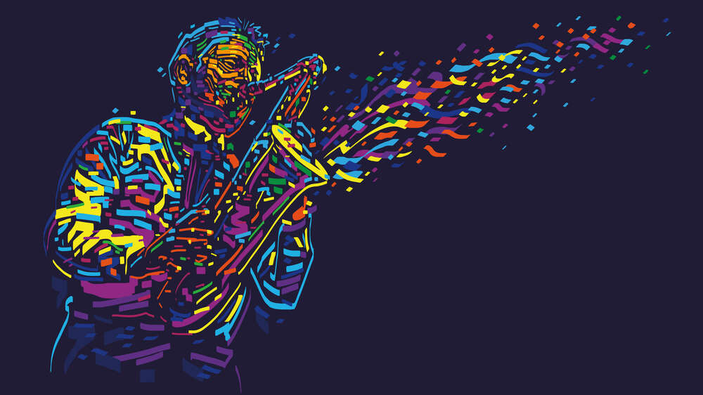 картина-постер Музыкант-саксофонист из разноцветных линий
