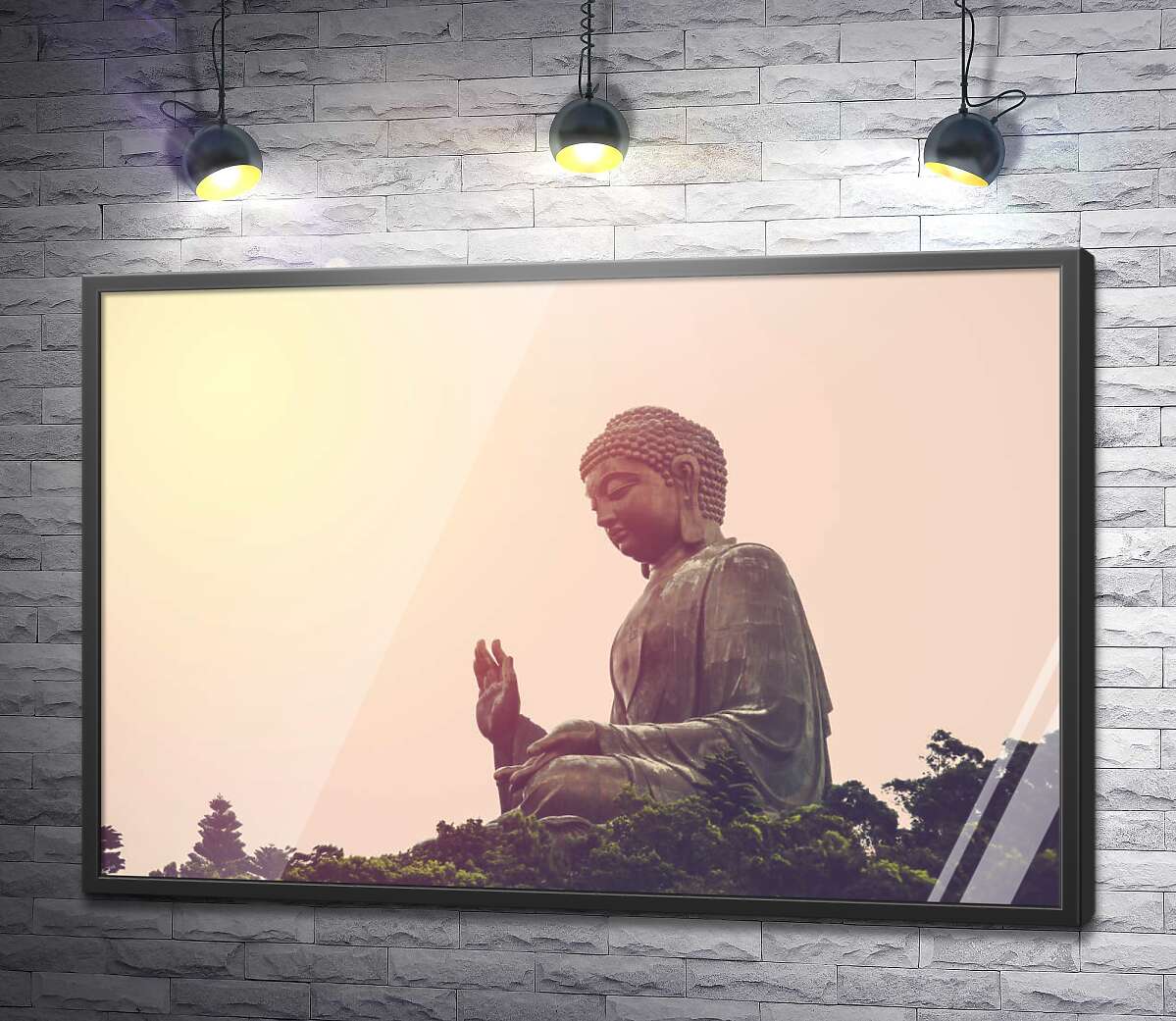постер Огромная статуя Будды на фоне заходящего солнца
