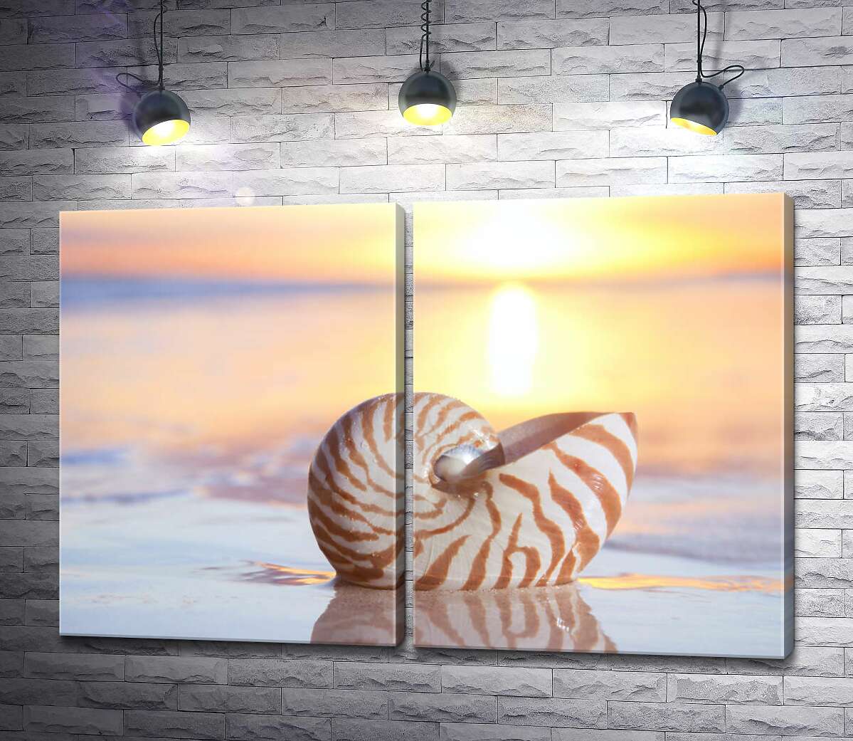 модульная картина Ракушка в песке на фоне заходящего солнца