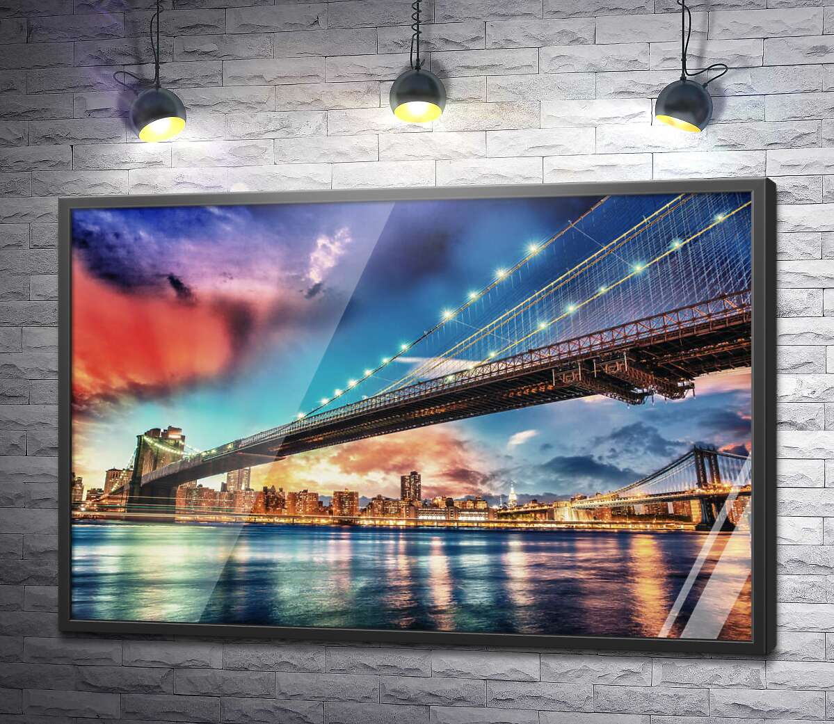 постер Разноцветная ночная панорама Бруклинского моста