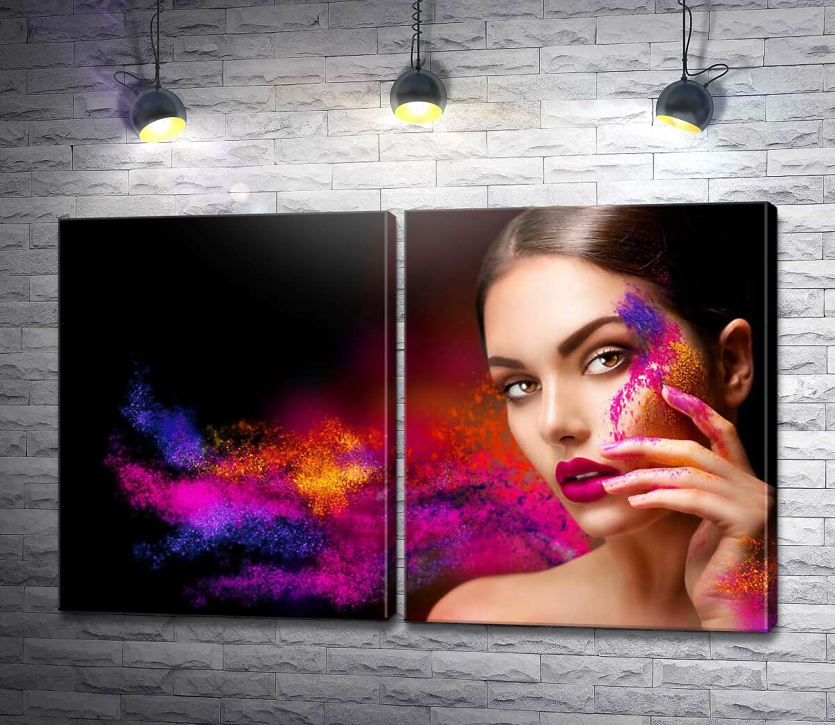 модульная картина Обаятельная девушка с яркими красочными брызгами