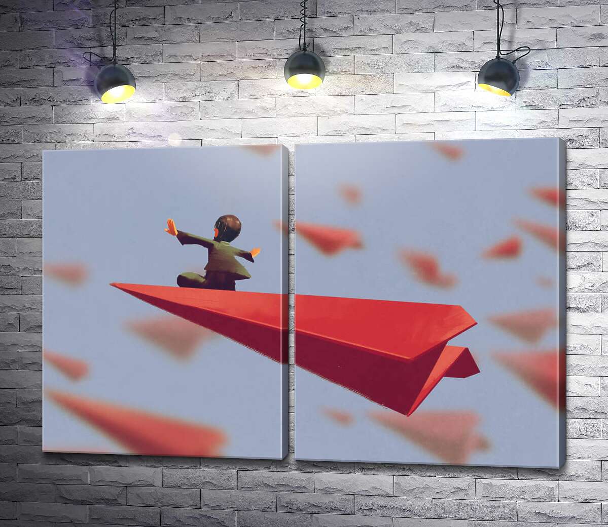 модульна картина Льотчик на паперовому червоному літаку