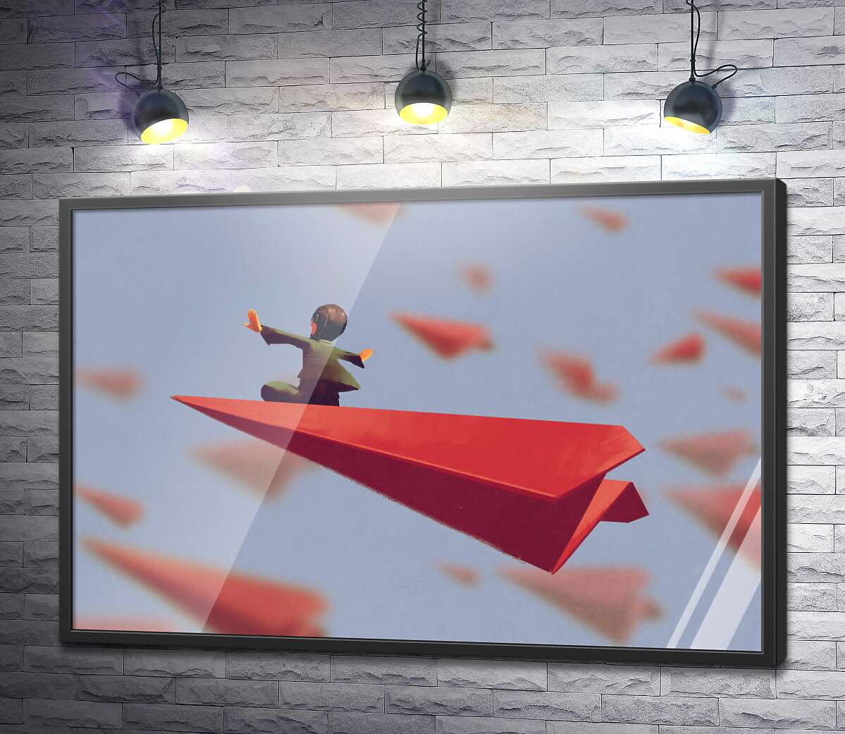 постер Льотчик на паперовому червоному літаку