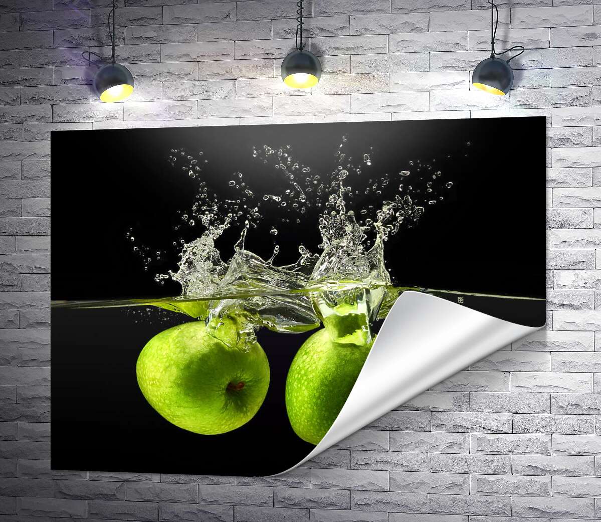 друк Два зелені яблука у воді