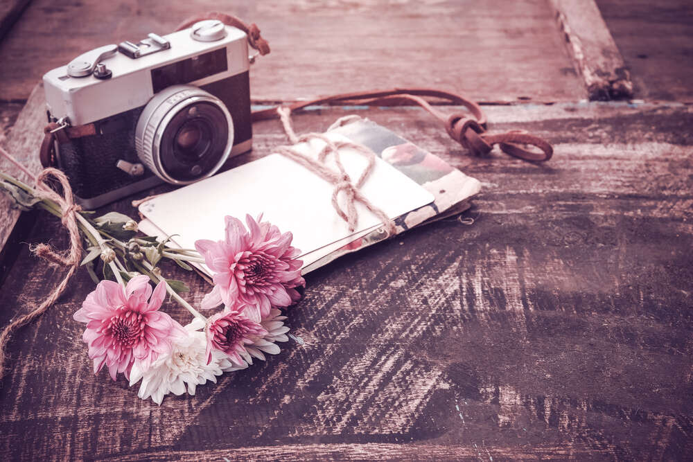 картина-постер Урожай фотоапарат, листи та квіти на столі