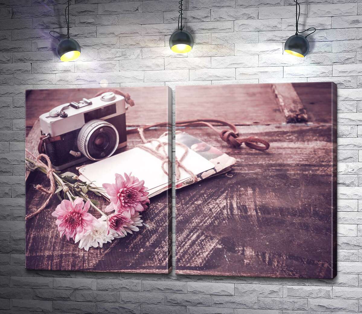 модульна картина Урожай фотоапарат, листи та квіти на столі