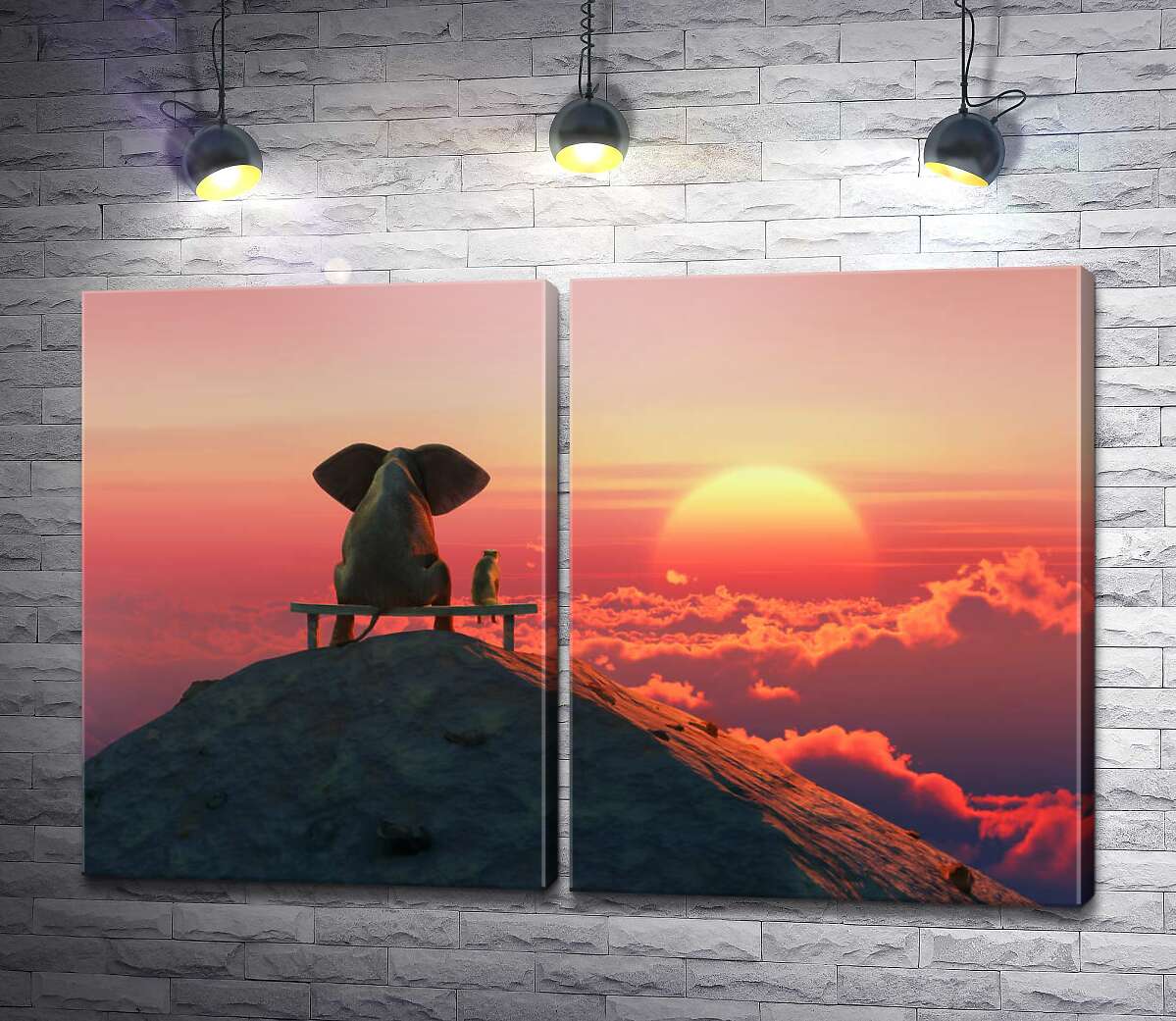 модульна картина Слон і собака на лавці, що дивляться на захід сонця