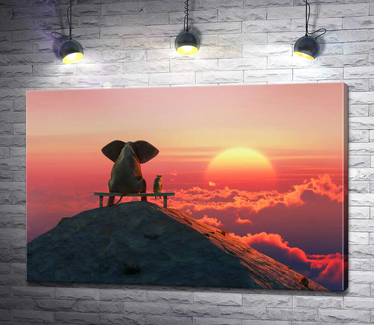 картина Слон і собака на лавці, що дивляться на захід сонця