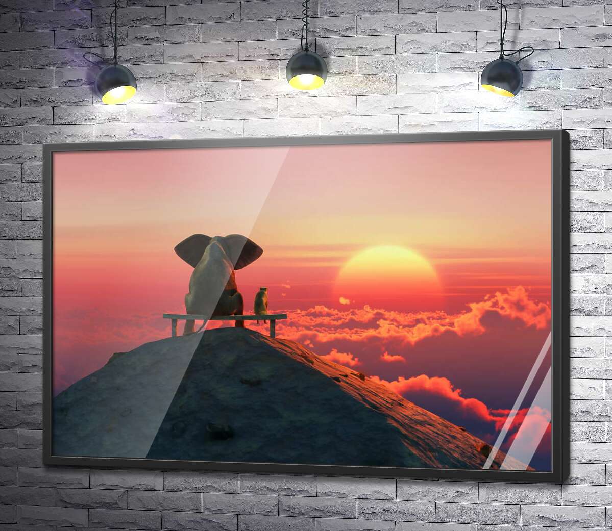 постер Слон и собака на лавочке, смотрящие в закат