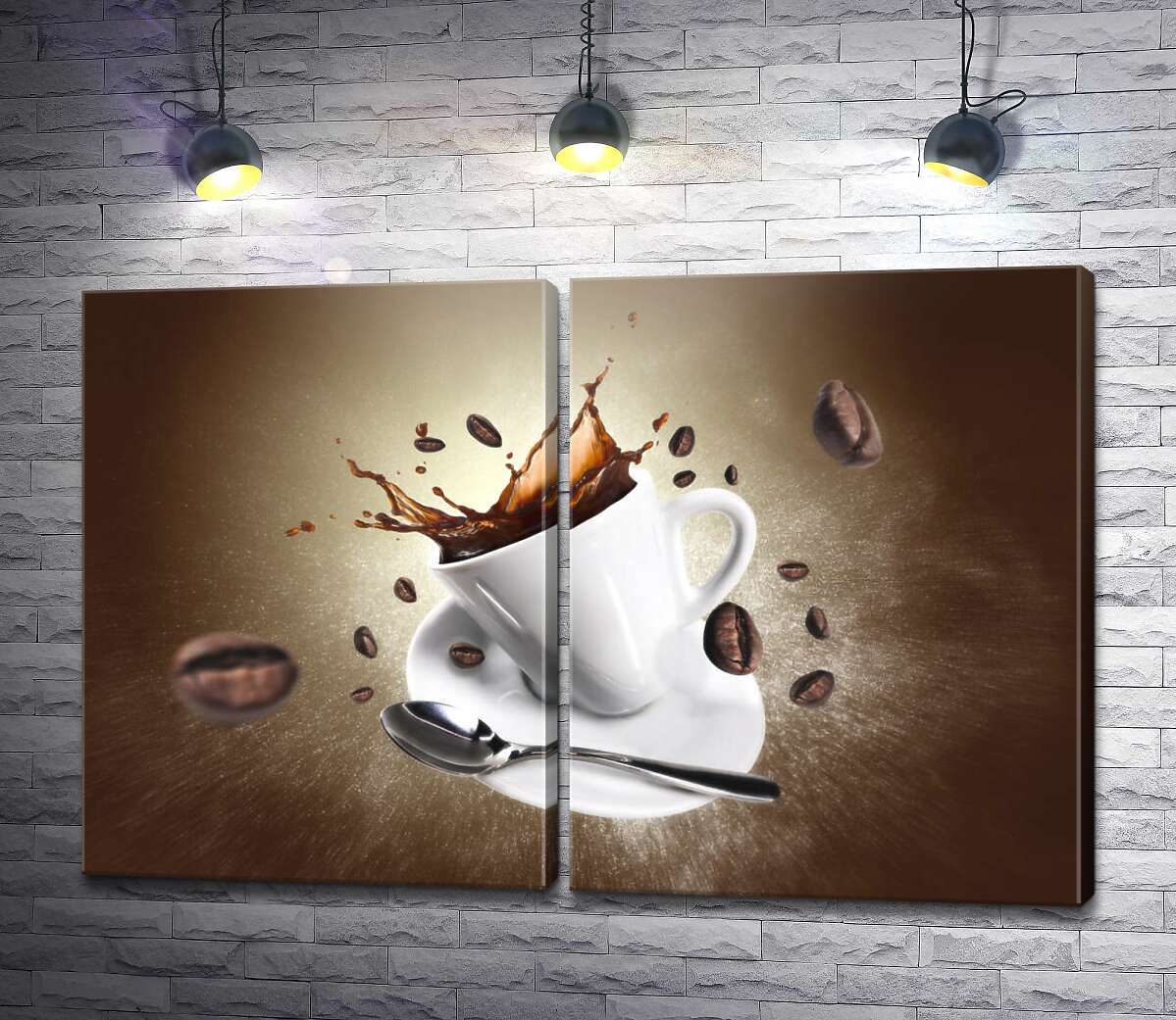 модульная картина Чашка кофе и разлетающиеся зерна