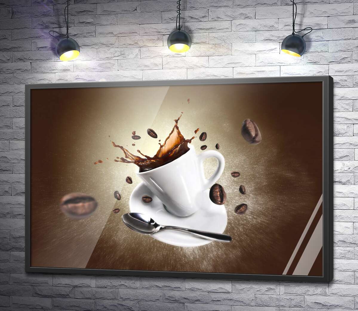 постер Чашка кави і зерна, що розлітаються