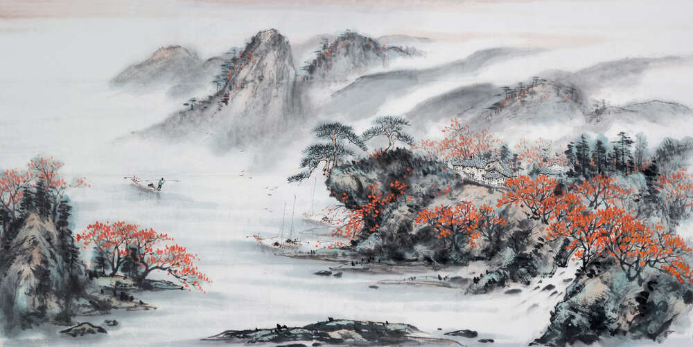 картина-постер Краєвид з горами та водоспадом